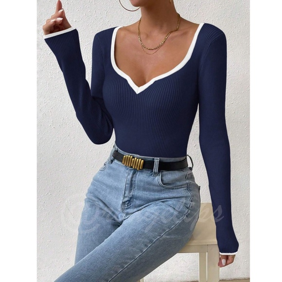 Navy Blue Rib Knit Sweetheart Neck Contrast White Trim - Picture 5 of 9